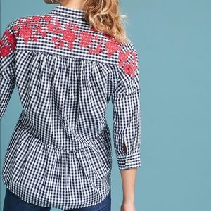 Anthropologie Gingham Embroidered Blouse